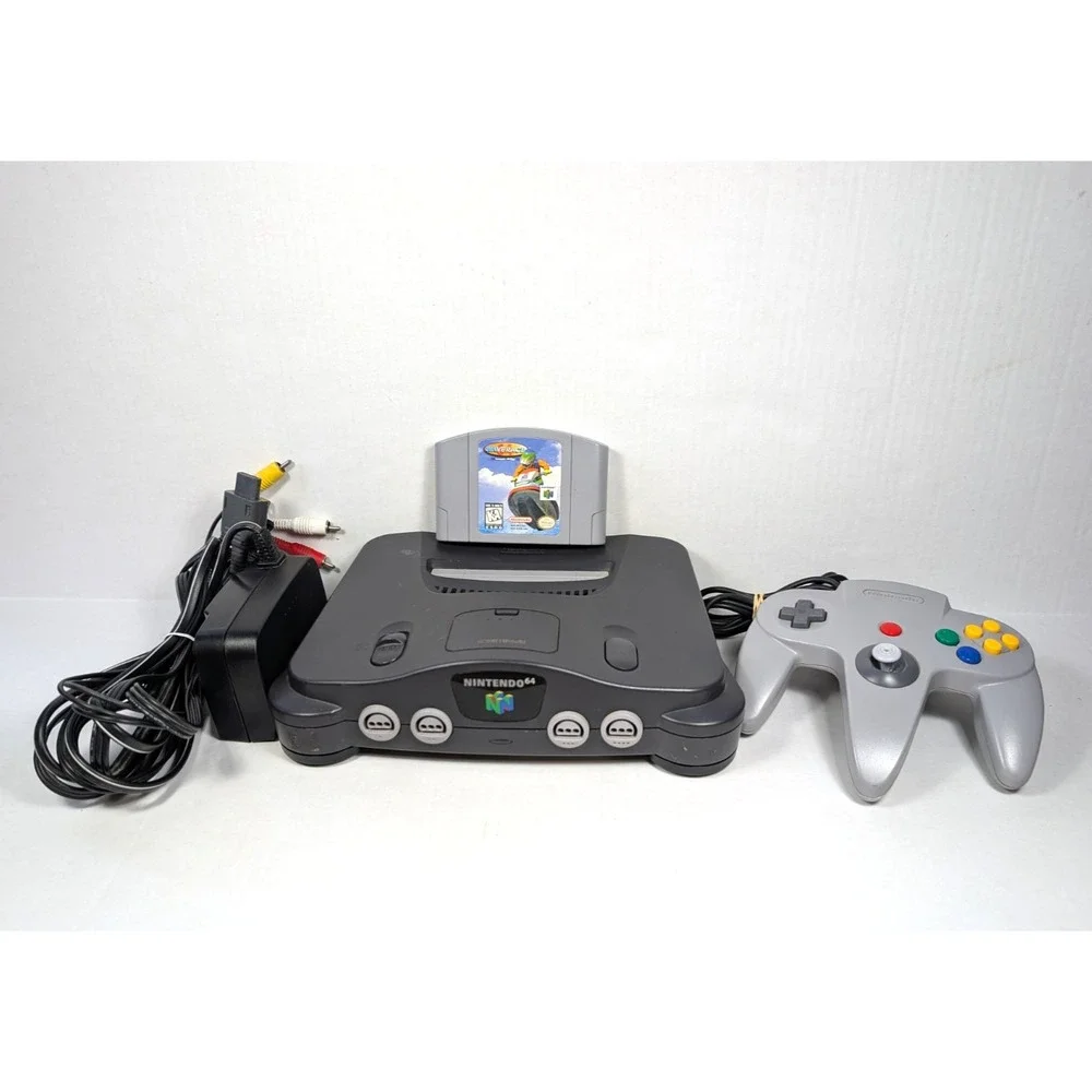 Nintendo 64 Gray Console Bundle OEM Controller & Cables w/ Wave Race N64 Tested
